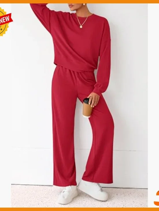 Loose Fit Sweatsuit Set, Crewneck Sweatshirt & Wide Leg Sweatpants, 2 Piece - Picture 4 of 7
